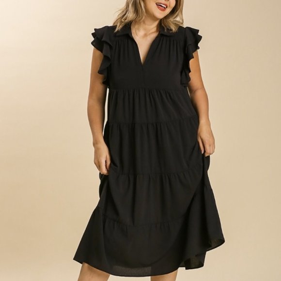 Umgee Plus Size Black Collar Split Neck Short Ruffle Sleeves Tiered Midi Dress - Picture 1 of 5